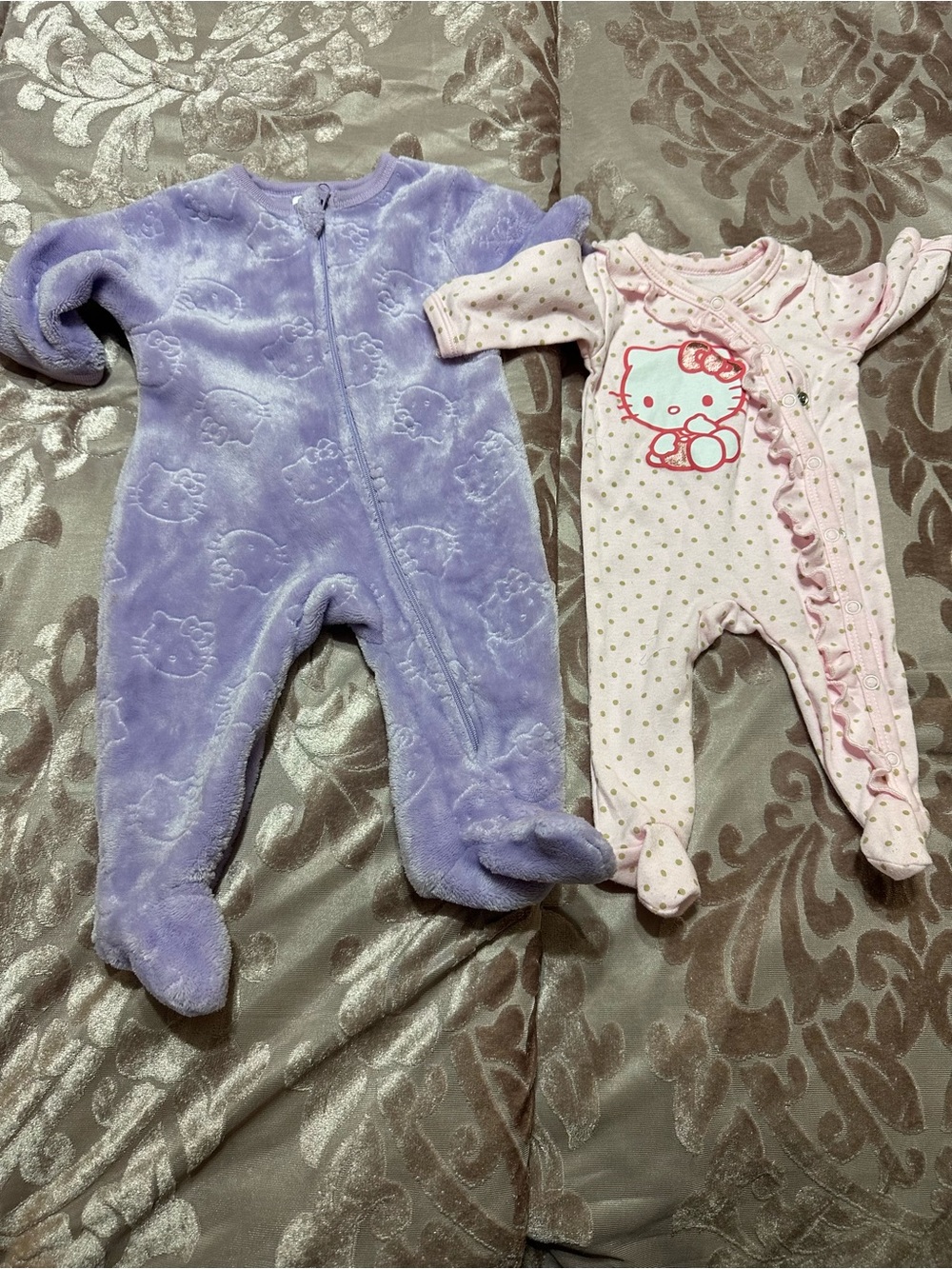 Hello Kitty Lavender Plush Footed One-Piece & Pink Polka Dot Ruffle Sleepers Set